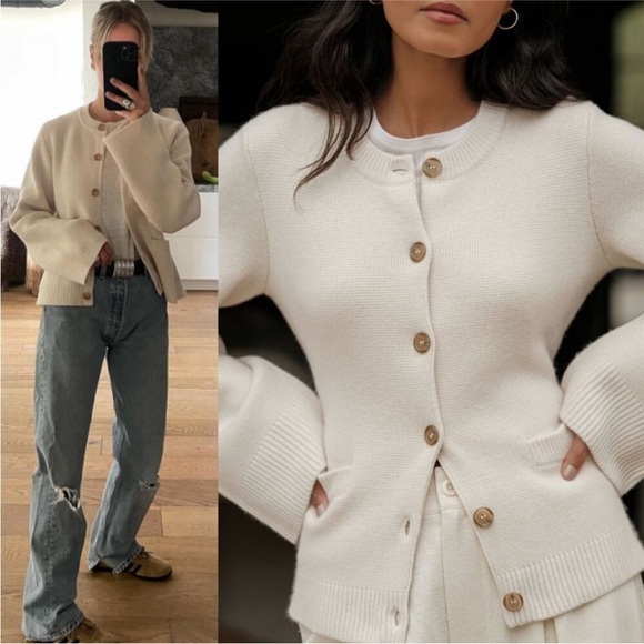 Jenni Kayne Cooper Cashmere Cardigan Sz L Ivory Beige - Picture 13 of 15